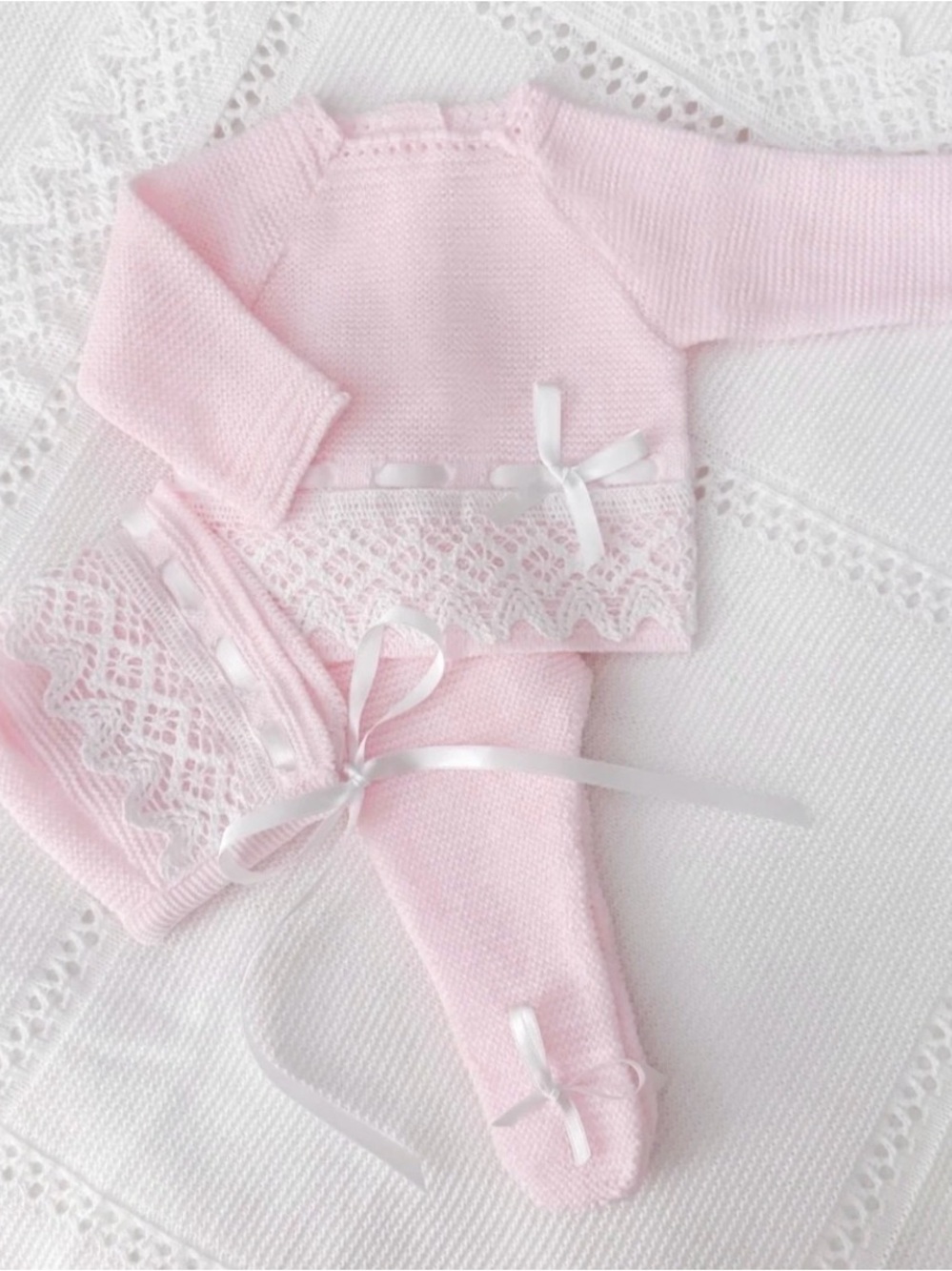 Pink Baby Knit Lace Ribbon Two-Piece Set